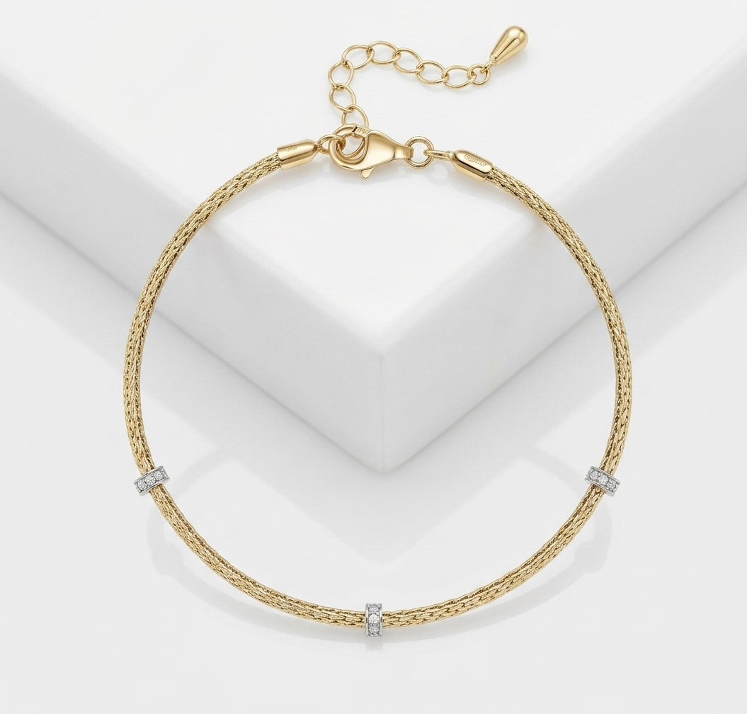 18K White & Yellow Gold Italian Three-Ring Station Woven Bracelet, 0.09ctw