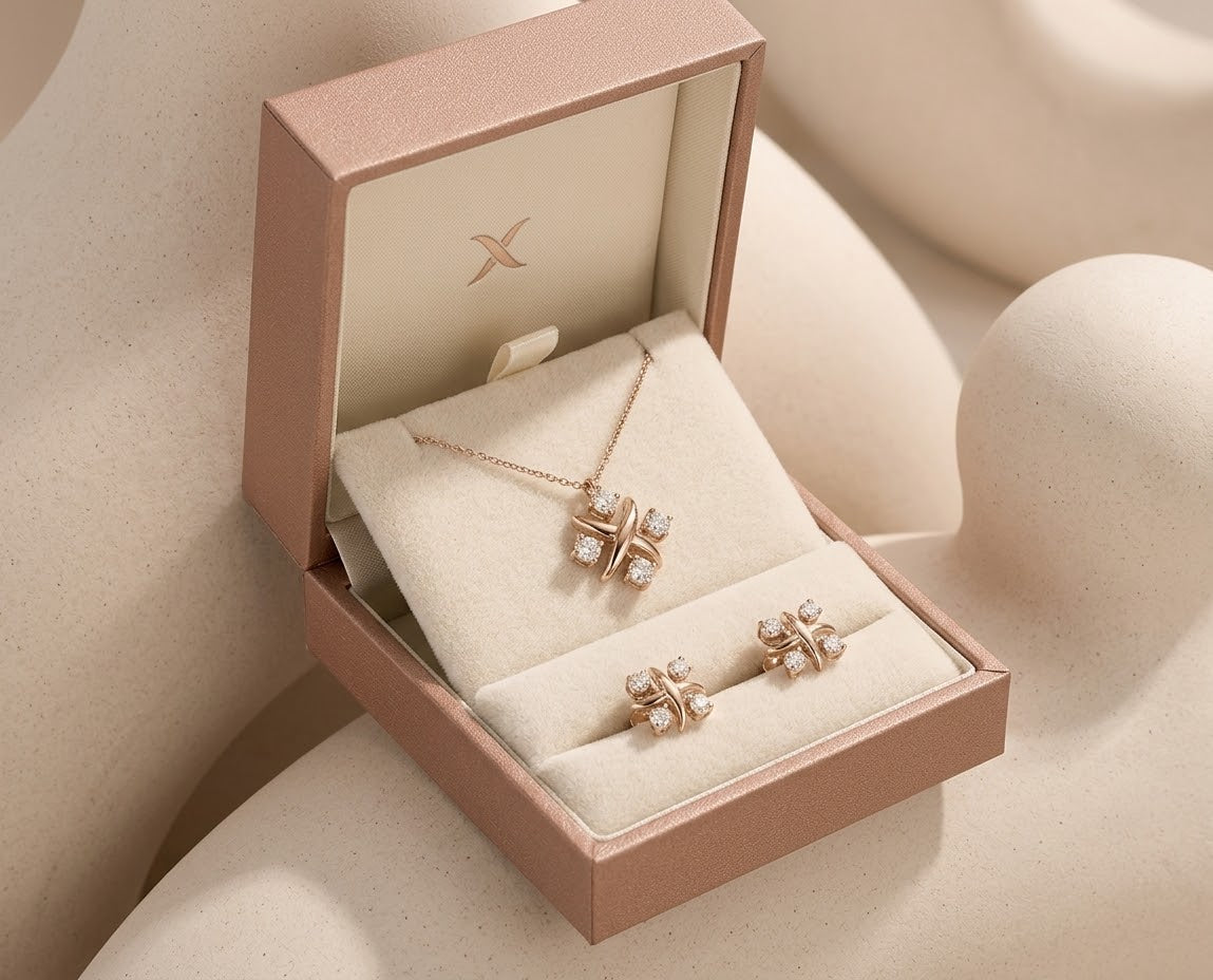 18K Yellow Gold Cross Necklace, 0.15 ct each