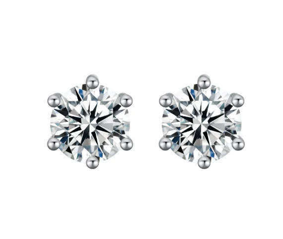[Pair] 18K White Gold Six-Prong Stud Earrings, 1.00 ct each