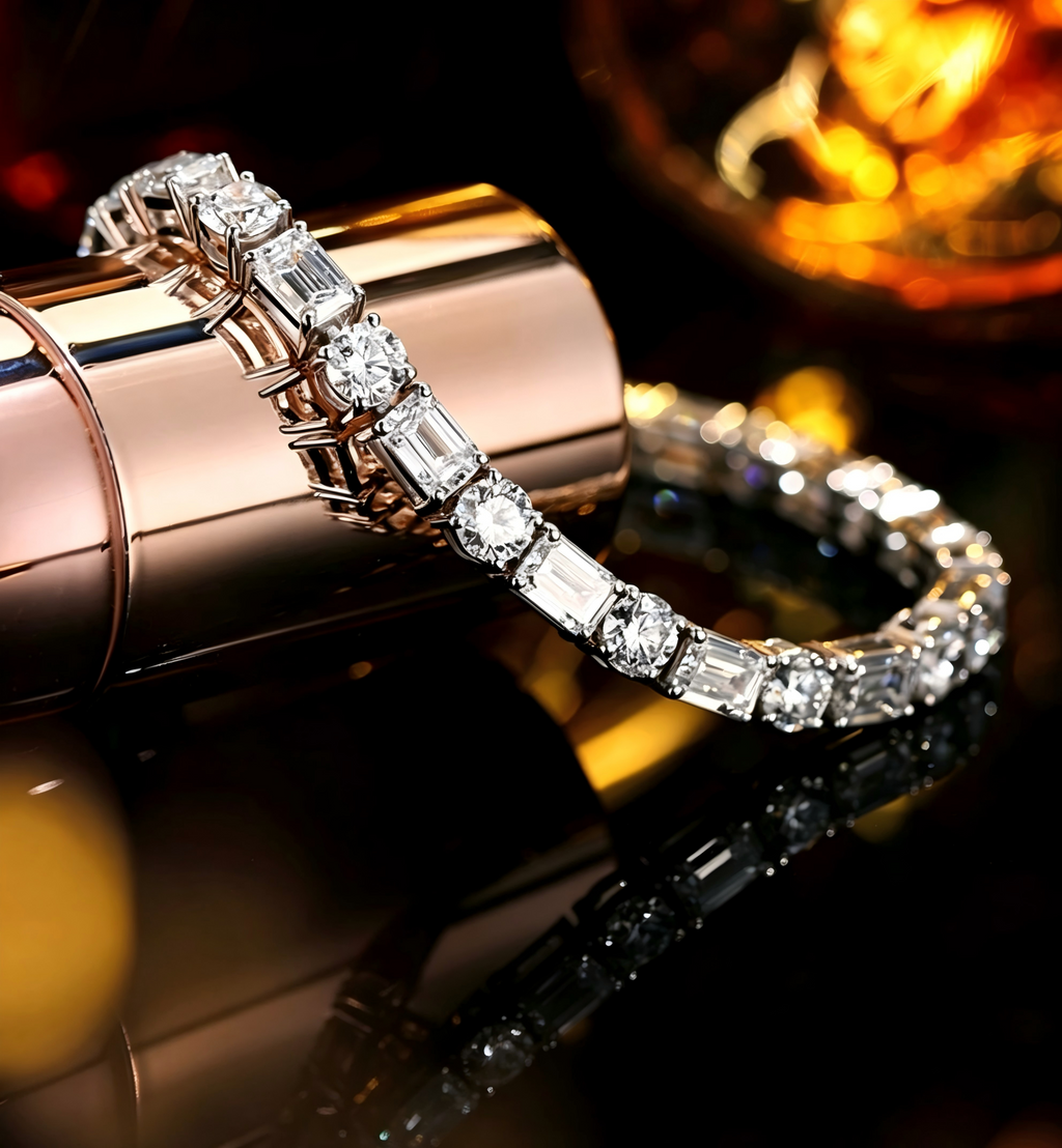 PT950 Platinum Emerald-Cut Station & Round Diamond Bracelet, 10.00ctw