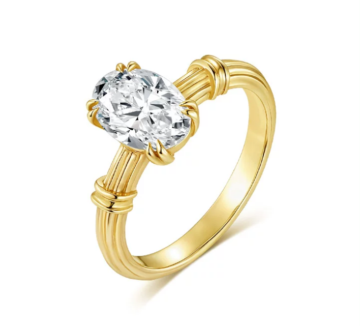 18K Yellow Gold Oval Roman Column Vintage Diamond Ring, 1.00 ct