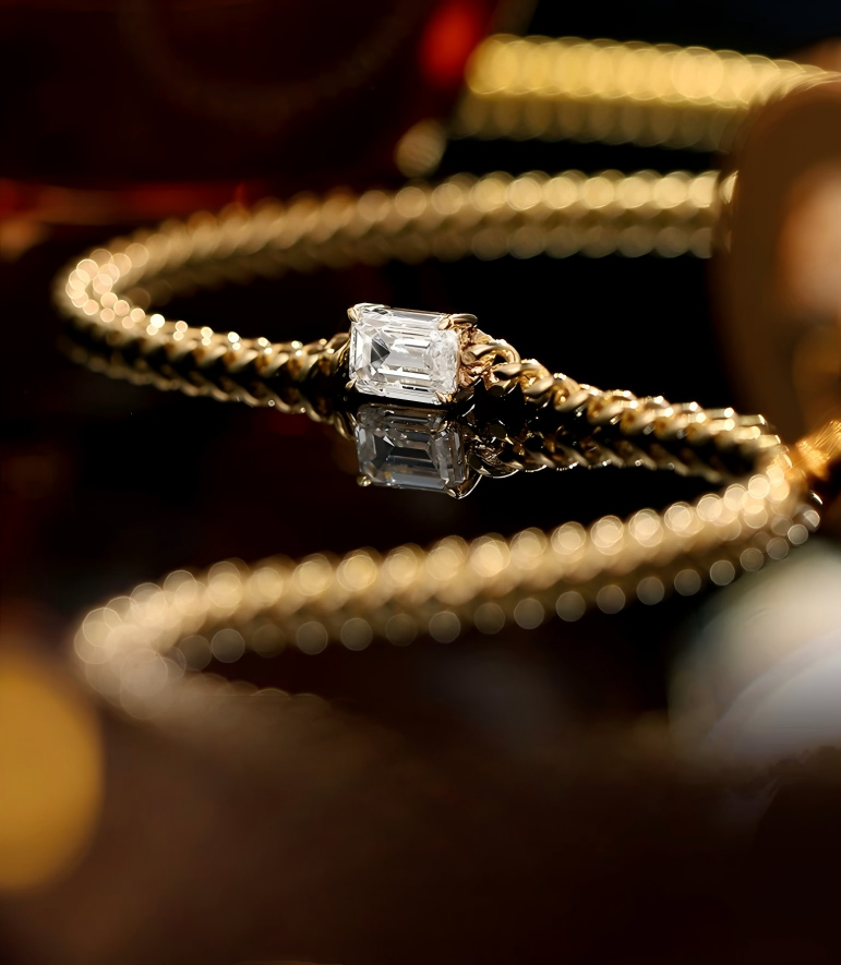 18K Yellow Gold Emerald-Cut Cuban Choker Necklace, 1.00 ct