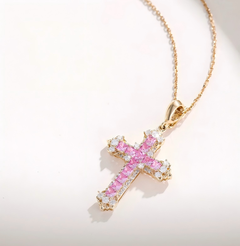 18K Yellow Gold Pink Sapphire Iris Cross Pendant, approx. 3 g total weight