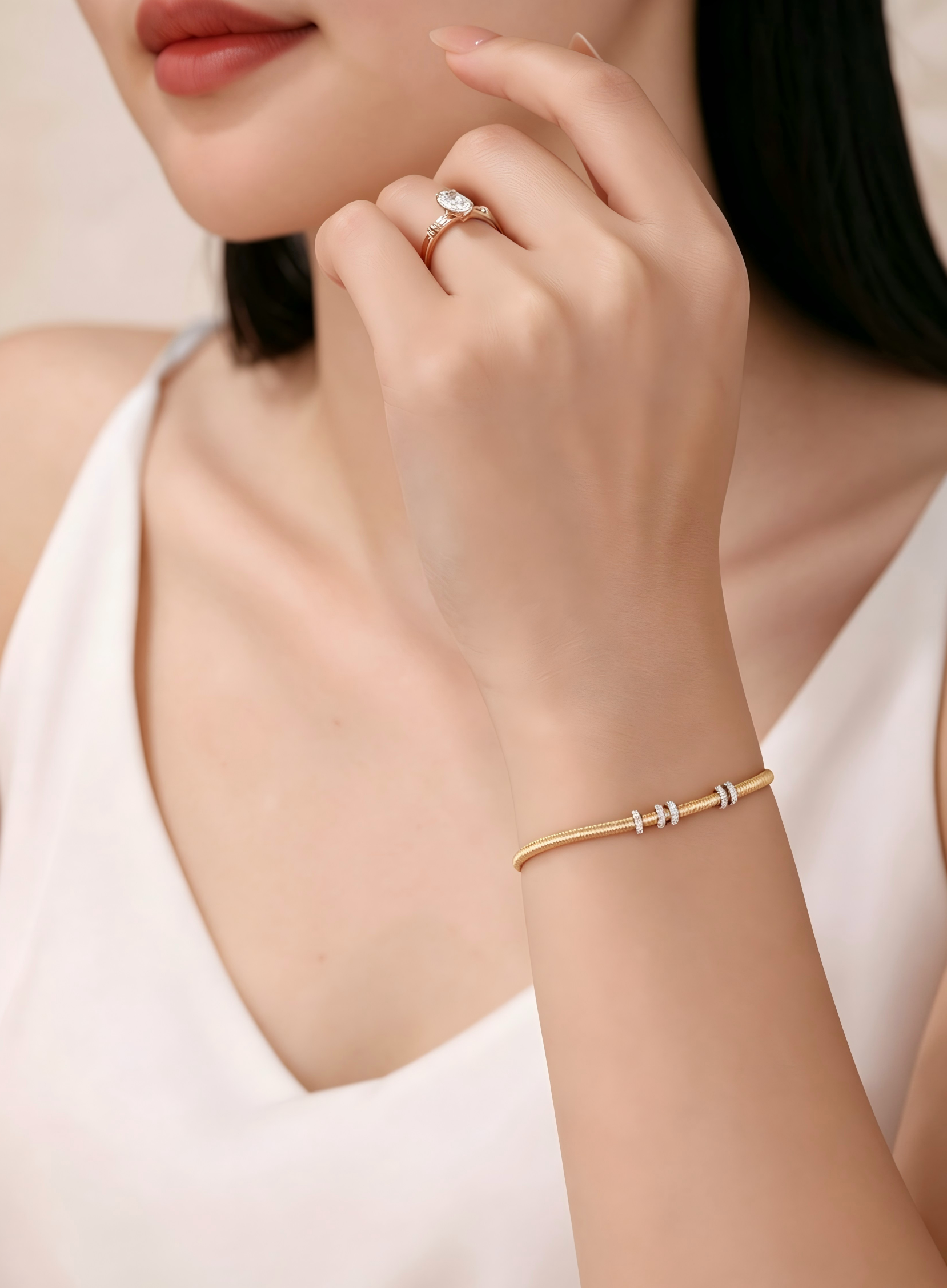 18K White & Yellow Gold Italian Five-Ring Woven Bracelet, 0.20ctw