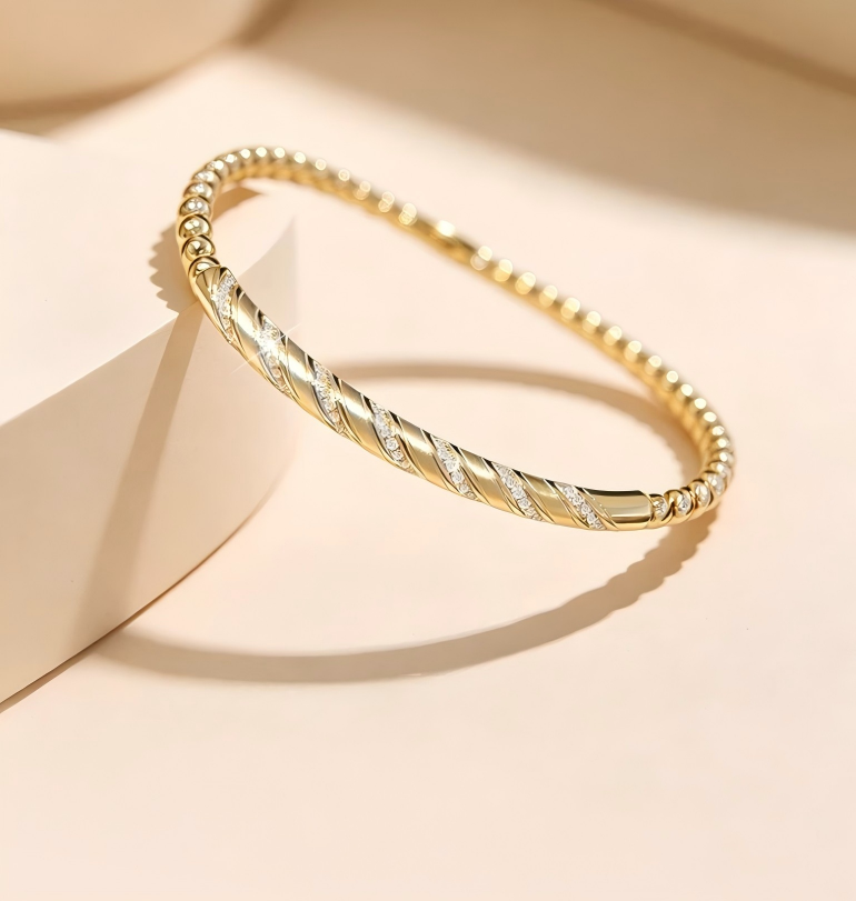 9K Yellow Gold Color Twisted Rope Bangle, 0.20ctw