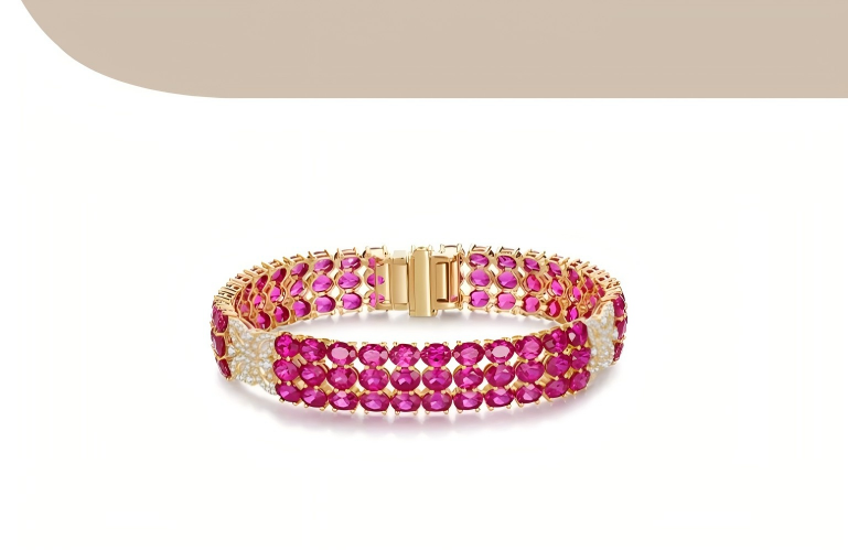 18K Yellow Gold Four-Leaf Clover Ruby Bracelet, approx. 23 g total weight