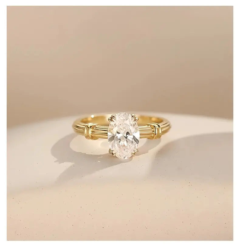 18K Yellow Gold Oval Roman Column Vintage Diamond Ring, 1.00 ct