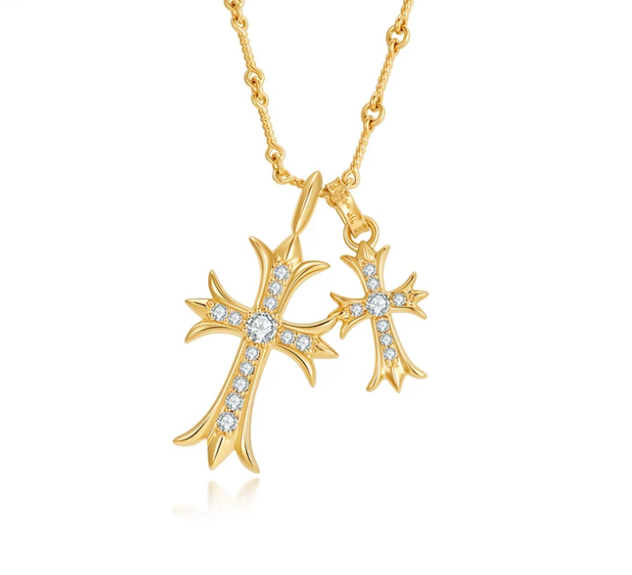 18K Yellow Gold Double Cross Necklace, 0.40ctw