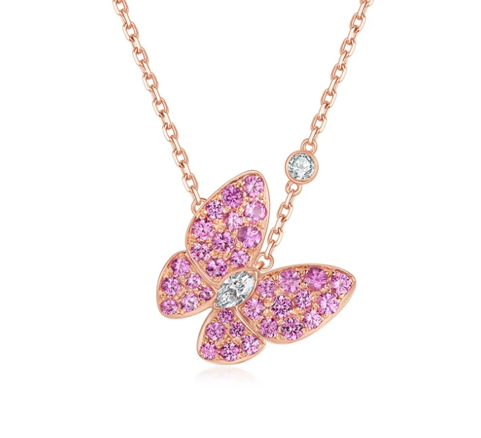 18K Rose Gold Marquise Pink & Blue Sapphire Butterfly Necklace, 0.10 ct center stone