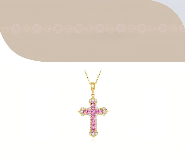 18K Yellow Gold Pink Sapphire Iris Cross Pendant, approx. 3 g total weight