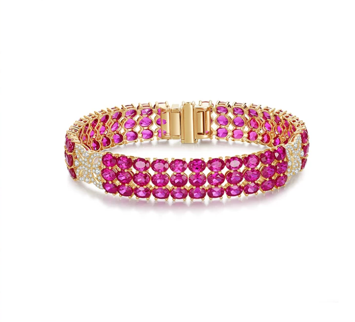 18K Yellow Gold Four-Leaf Clover Ruby Bracelet, approx. 23 g total weight