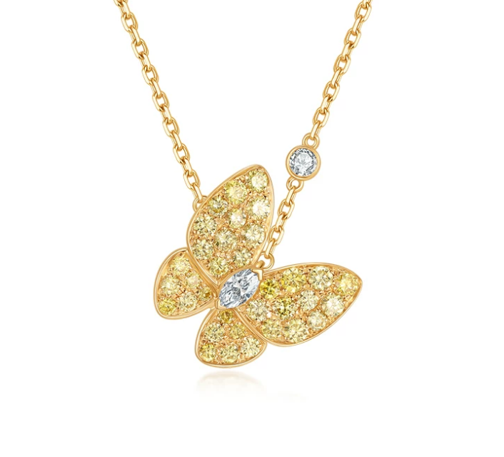 18K Yellow Gold Marquise Yellow Diamond Butterfly Necklace, 0.10 ct center stone