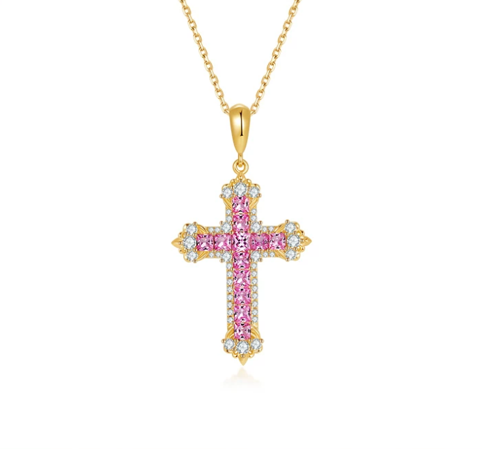 18K Yellow Gold Pink Sapphire Iris Cross Pendant, approx. 3 g total weight