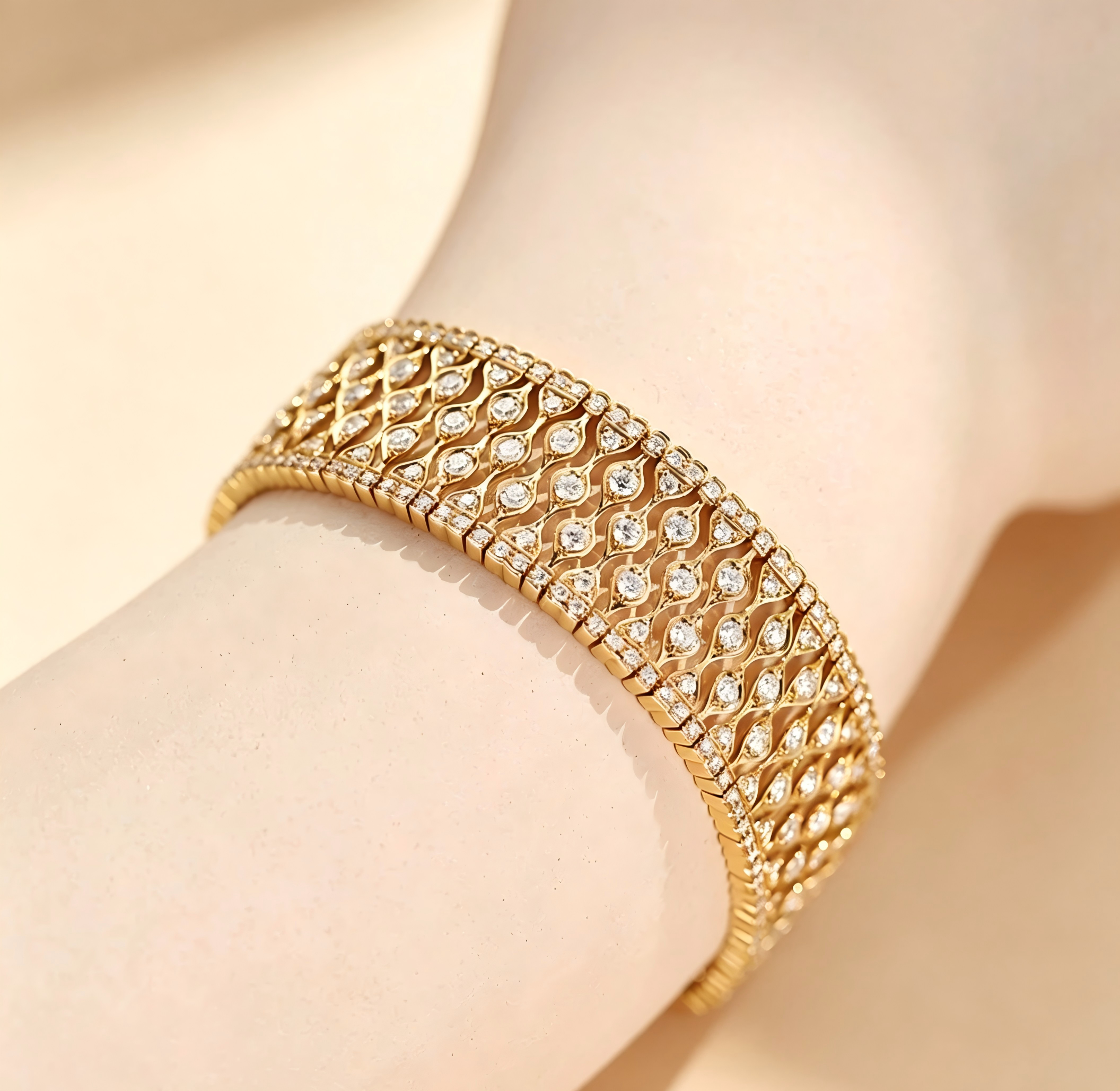 18K Yellow Gold Satin Gleam Watch-Link Lace Bracelet, 5.00ctw