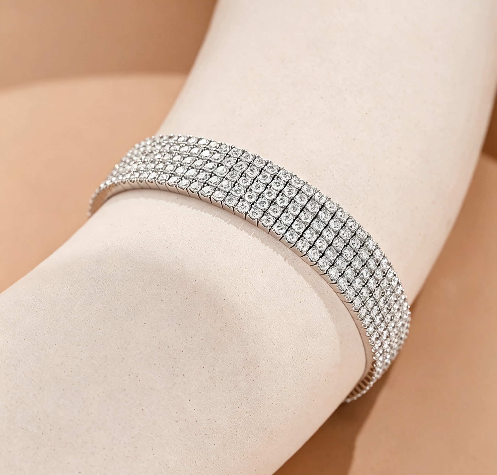 18K White Gold Five-Row Velvet-Finish Flexible Bracelet, 10.00ctw
