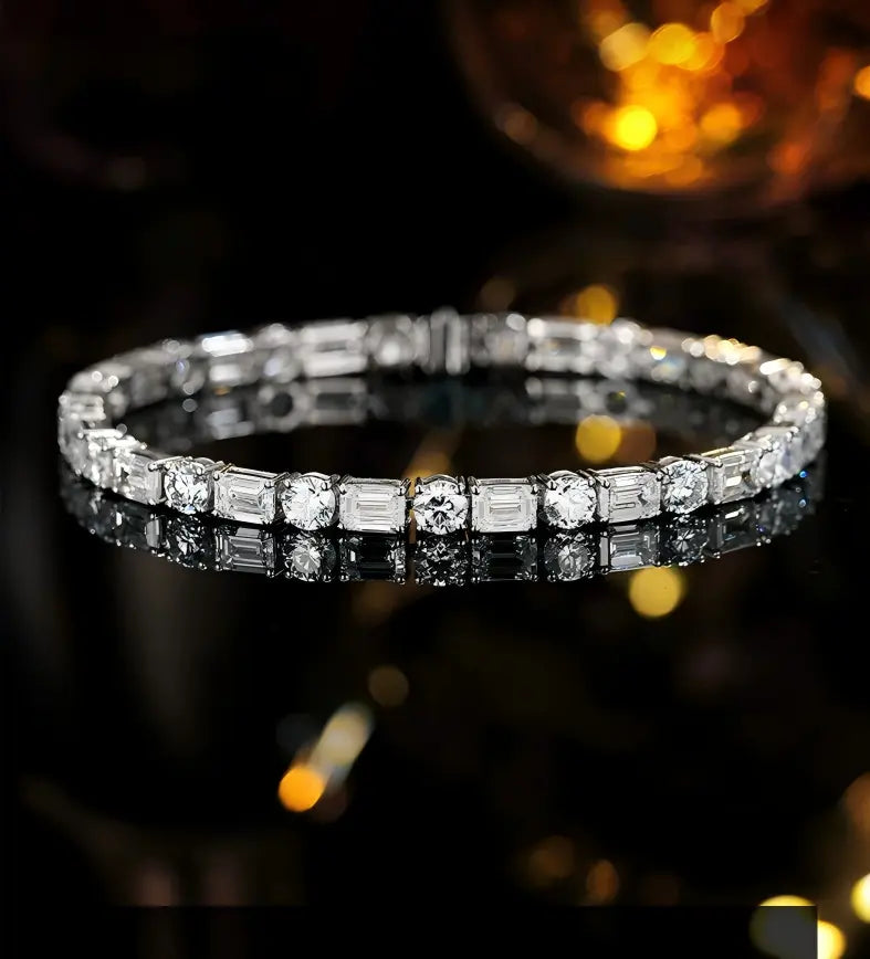PT950 Platinum Emerald-Cut Station & Round Diamond Bracelet, 10.00ctw