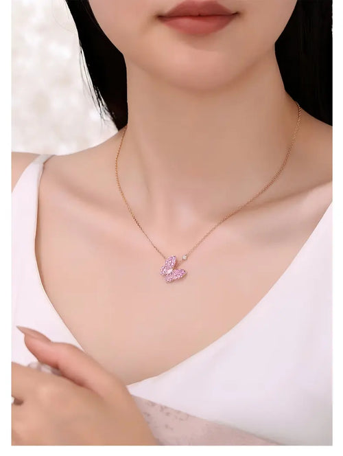 18K Rose Gold Marquise Pink & Blue Sapphire Butterfly Necklace, 0.10 ct center stone