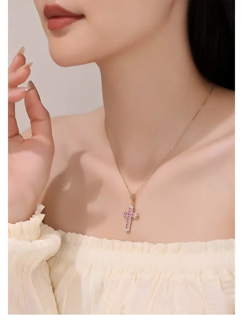 18K Yellow Gold Pink Sapphire Iris Cross Pendant, approx. 3 g total weight
