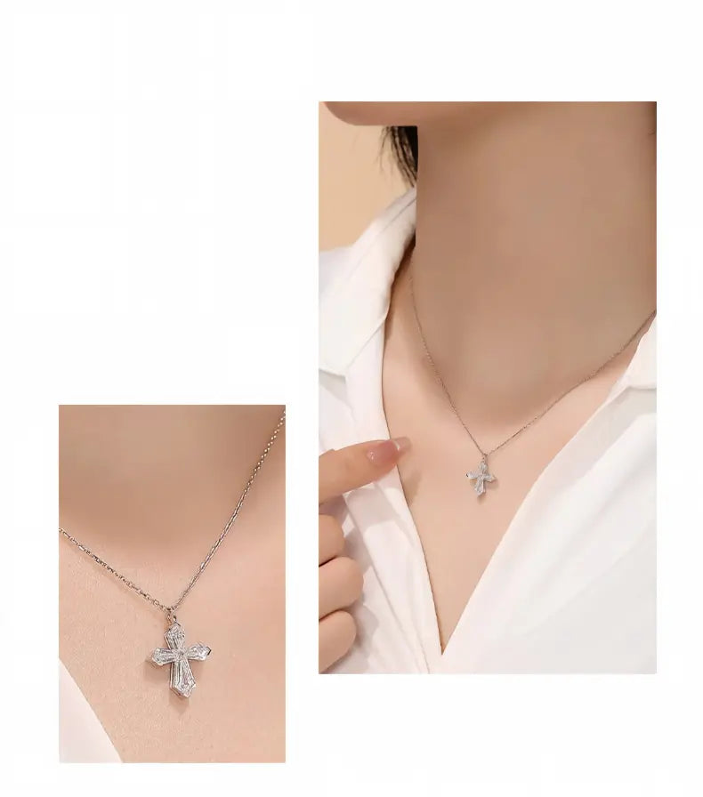 18K White Gold Kite-Cut Cross Necklace, 1.00ctw