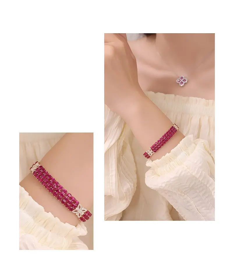 18K Yellow Gold Four-Leaf Clover Ruby Bracelet, approx. 23 g total weight