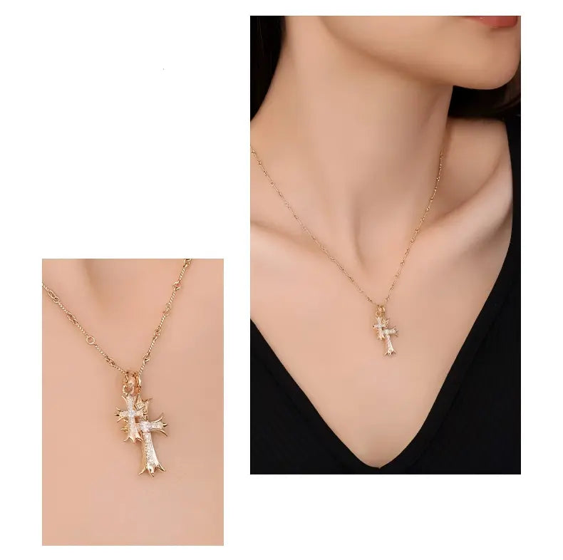 18K Yellow Gold Double Cross Necklace, 0.40ctw