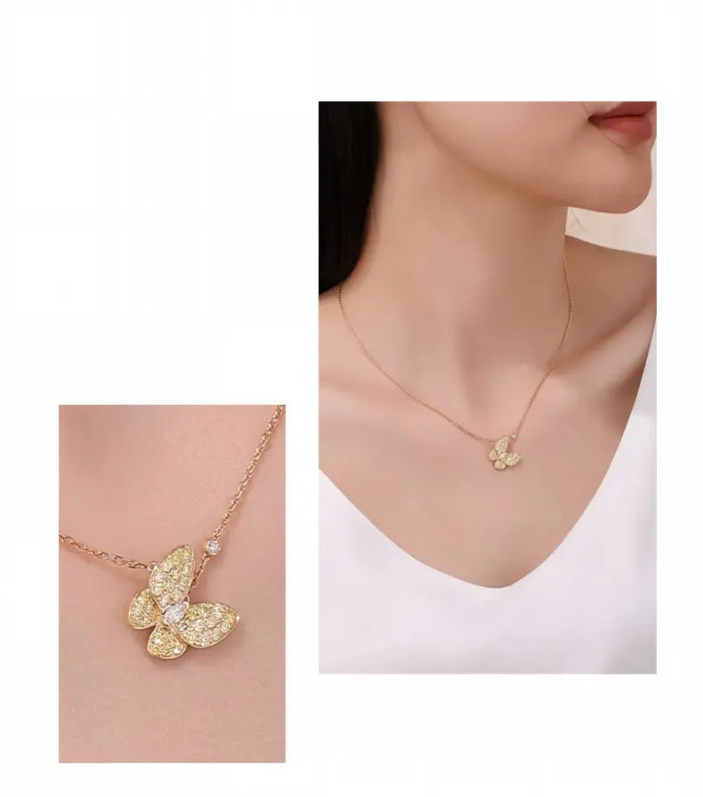 18K Yellow Gold Marquise Yellow Diamond Butterfly Necklace, 0.10 ct center stone