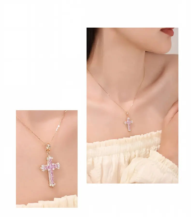18K Yellow Gold Pink Sapphire Iris Cross Pendant, approx. 3 g total weight
