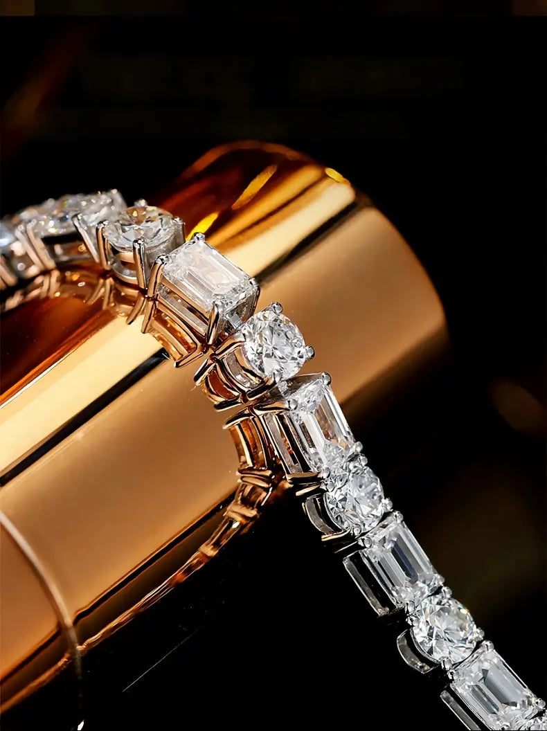 PT950 Platinum Emerald-Cut Station & Round Diamond Bracelet, 10.00ctw