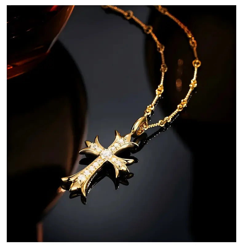 18K Yellow Gold Double Cross Necklace, 0.40ctw