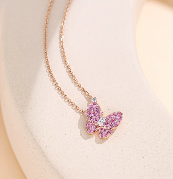 18K Rose Gold Marquise Pink & Blue Sapphire Butterfly Necklace, 0.10 ct center stone