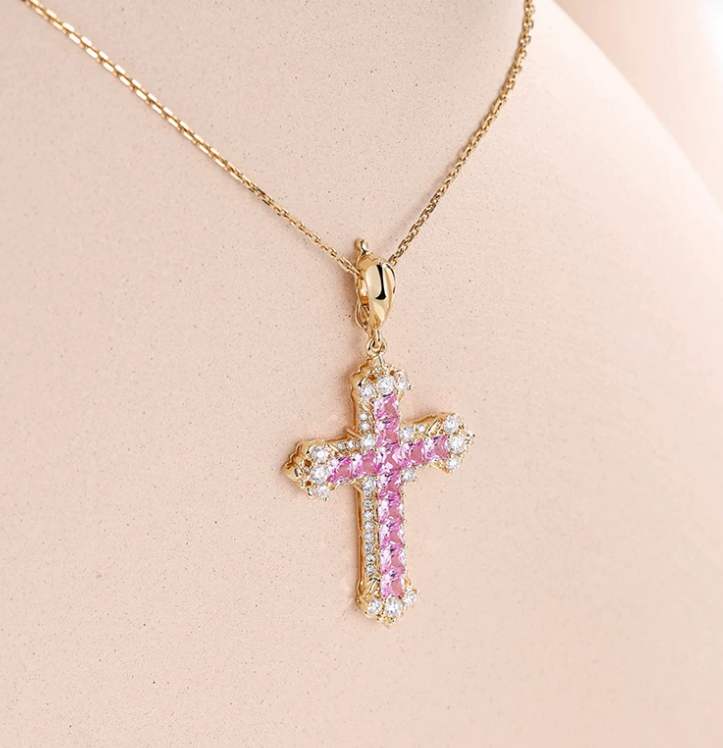 18K Yellow Gold Pink Sapphire Iris Cross Pendant, approx. 3 g total weight