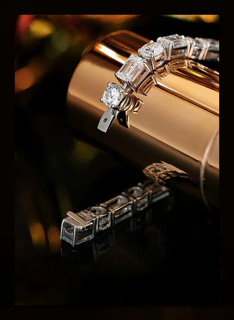 PT950 Platinum Emerald-Cut Station & Round Diamond Bracelet, 10.00ctw