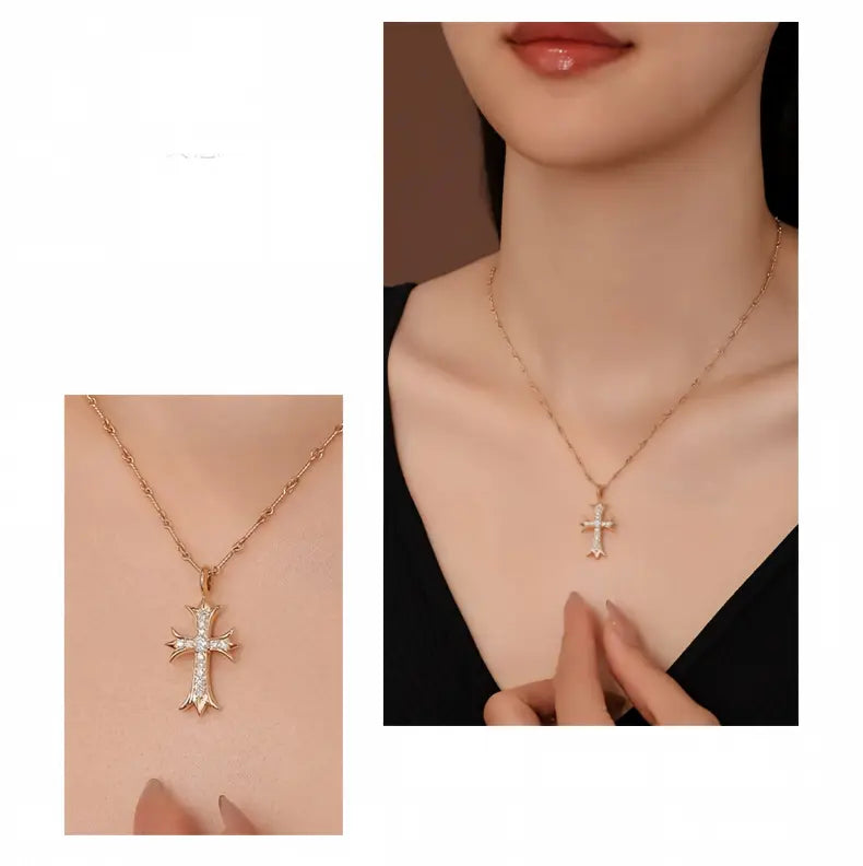 18K Yellow Gold Double Cross Necklace, 0.40ctw