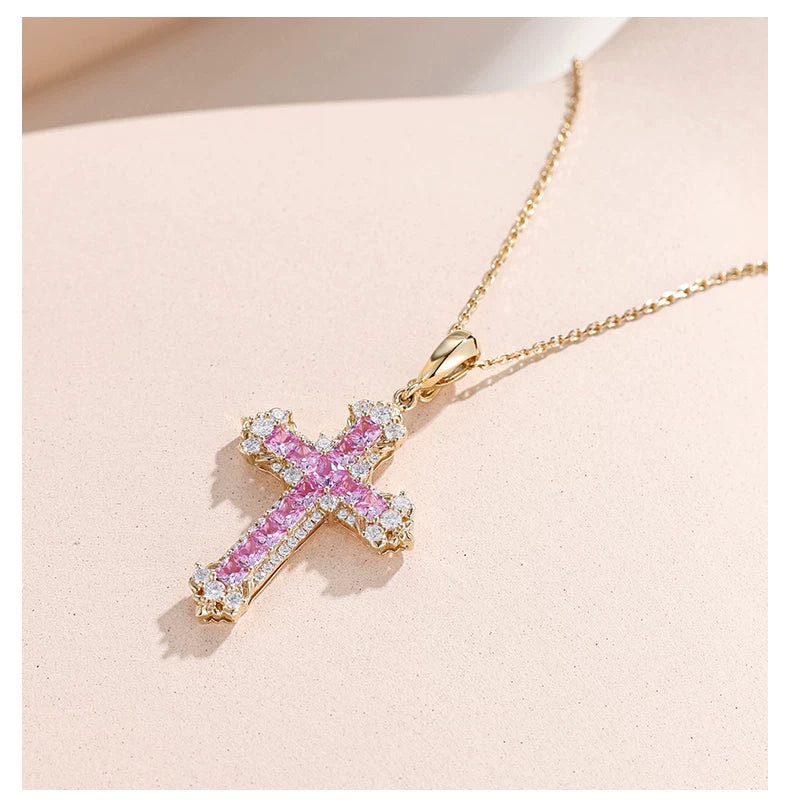 18K Yellow Gold Pink Sapphire Iris Cross Pendant, approx. 3 g total weight