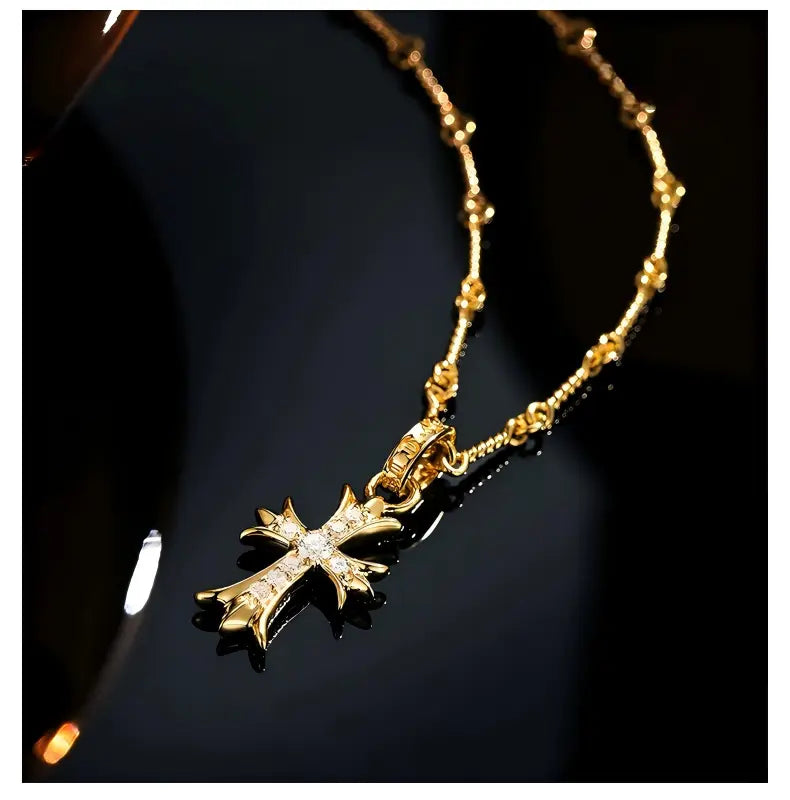 18K Yellow Gold Double Cross Necklace, 0.40ctw