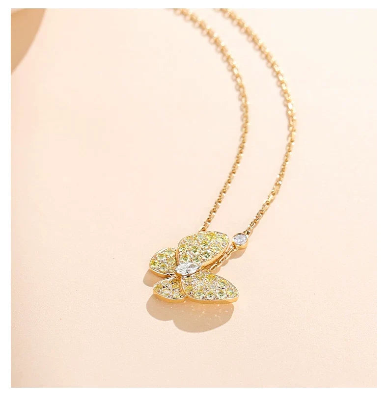 18K Yellow Gold Marquise Yellow Diamond Butterfly Necklace, 0.10 ct center stone
