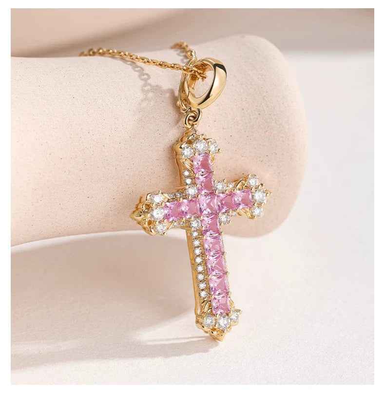18K Yellow Gold Pink Sapphire Iris Cross Pendant, approx. 3 g total weight