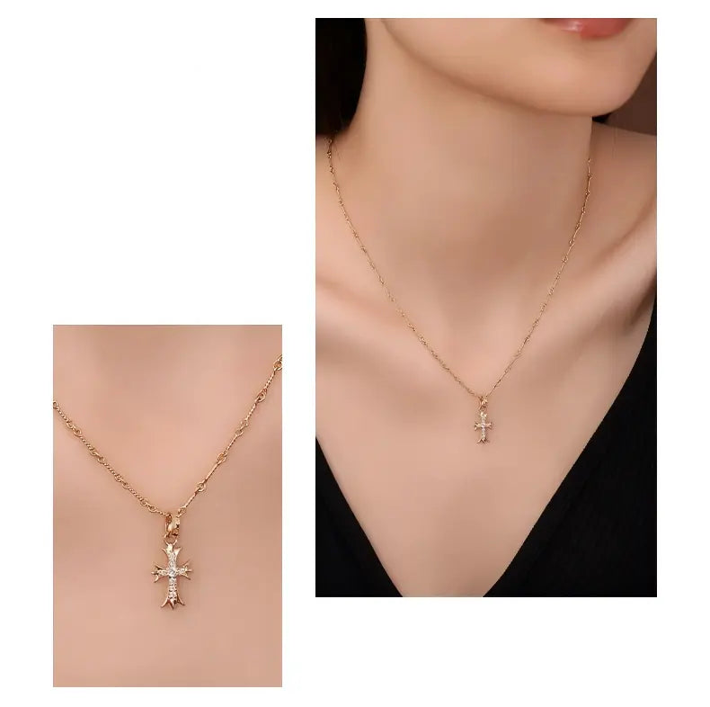 18K Yellow Gold Double Cross Necklace, 0.40ctw