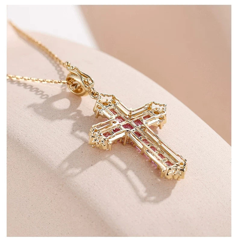 18K Yellow Gold Pink Sapphire Iris Cross Pendant, approx. 3 g total weight