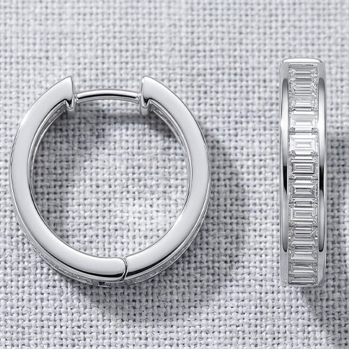[Pair] PT950 Platinum Emerald-Cut Full-Eternity Huggie Earrings, 15 mm inner diameter, 0.15 ct each / 3.60ctw